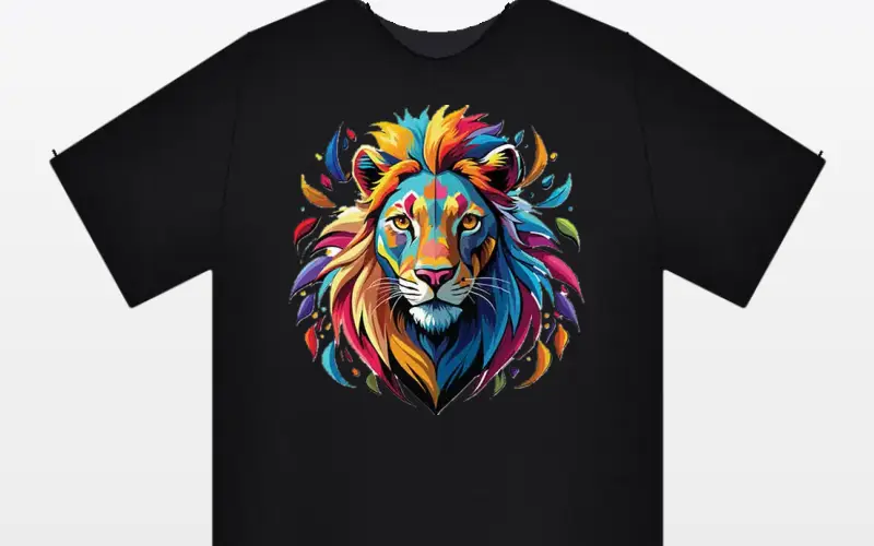 Black t-shirt with a full color lion design printed with DTF
